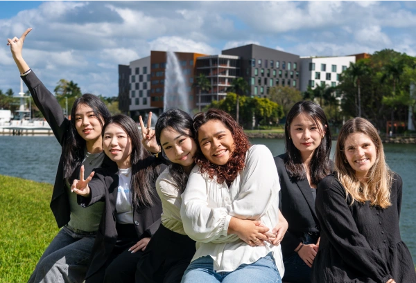 A group of students outside on campus